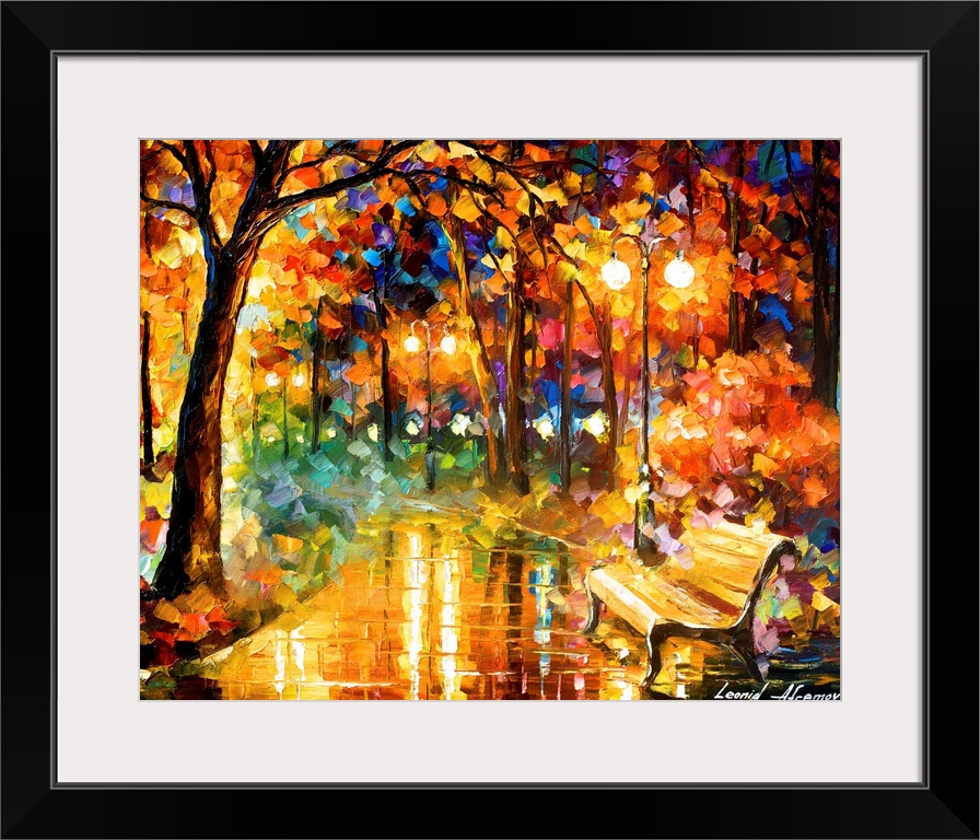 Contemporary colorful painting of wet sidewalk after a rain reflecting the lights and foliage all around.