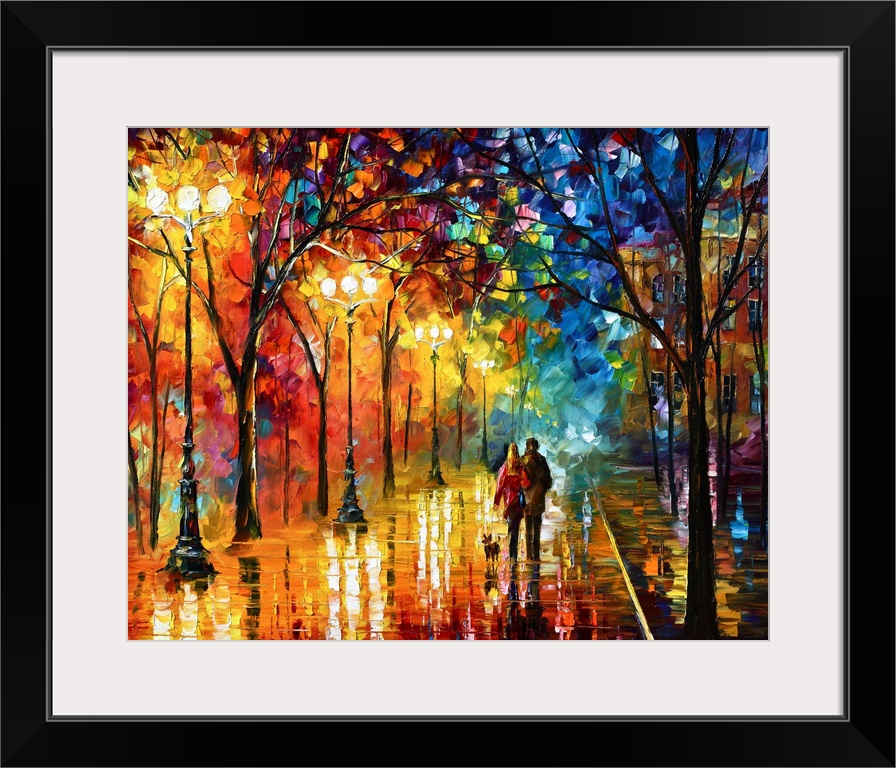 Contemporary landscape art work of a couple strolling down a city street at night with street lights illuminating wet pave...