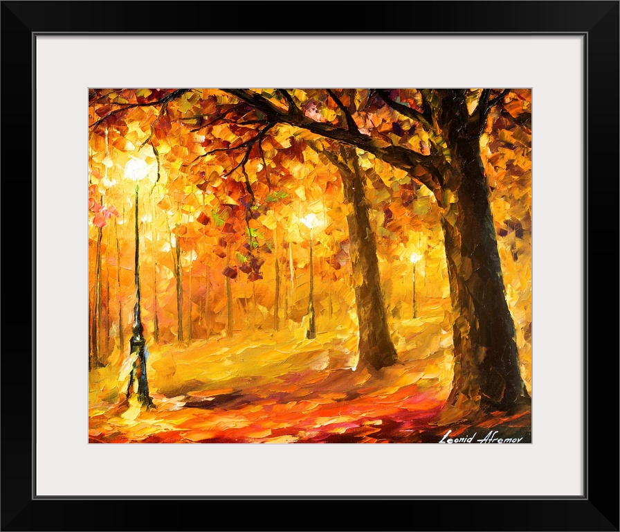 Contemporary colorful painting of light posts illuminating the foliage around them at night.