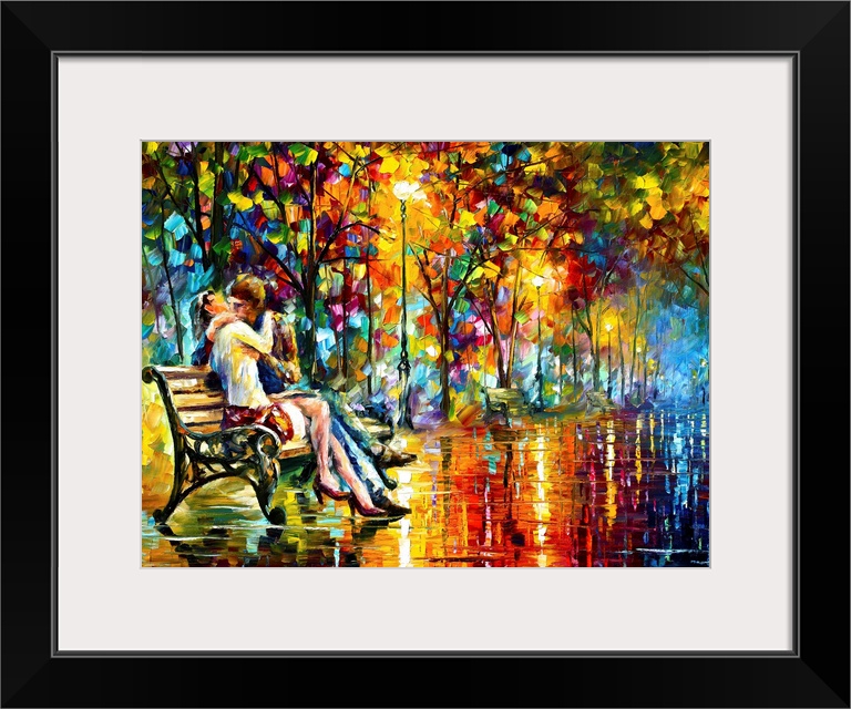 Classical painting of couple kissing on park bench at night after a rain.  The bench is on a stone path lined by colorful ...