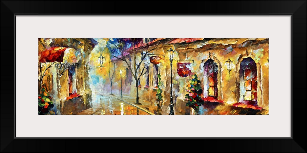 This energetically painted scene shows a fanciful city street in the early morning light on panoramic shaped decorative wa...