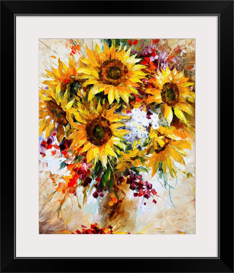 Boldly colored contemporary painting of a bouquet of sunflowers and other florals in a vase.