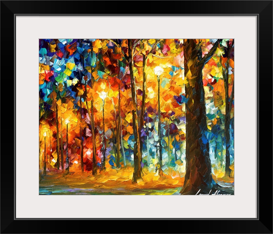 Contemporary colorful painting of a line of trees and light posts illuminated in the evening.