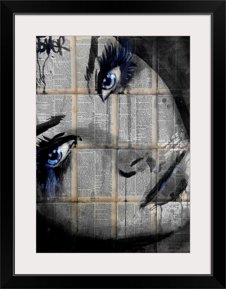 Contemporary urban artwork of a close-up of a woman's face with deep blue eyes against a background of tiled book pages.