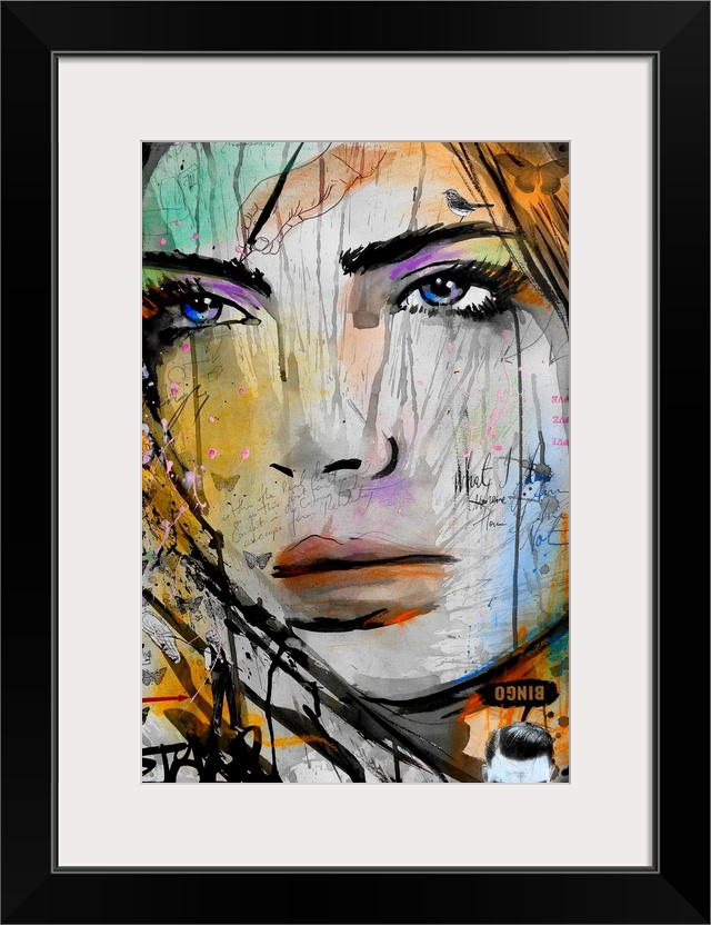 Contemporary urban artwork of a close-up of a woman's face with splashes of vibrant color around her face and piercing pur...