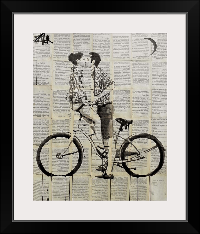 Contemporary urban artwork of a man kissing a woman sitting on a bike against a background of tiled book pages.