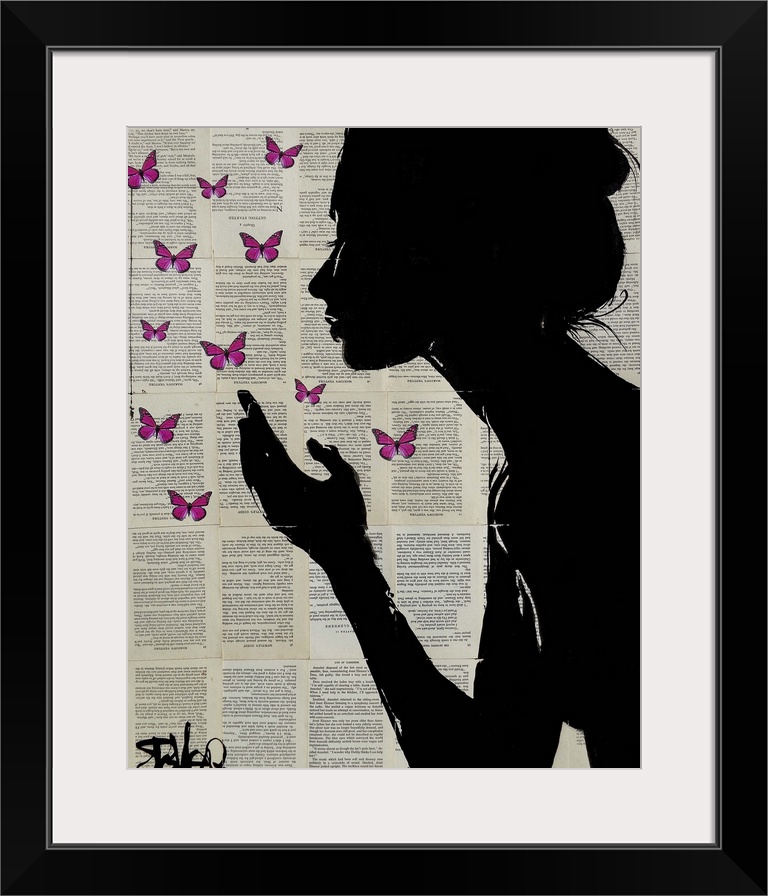 Contemporary urban artwork of a silhouetted woman in profile with her hand near fluttering pink butterflies against a back...