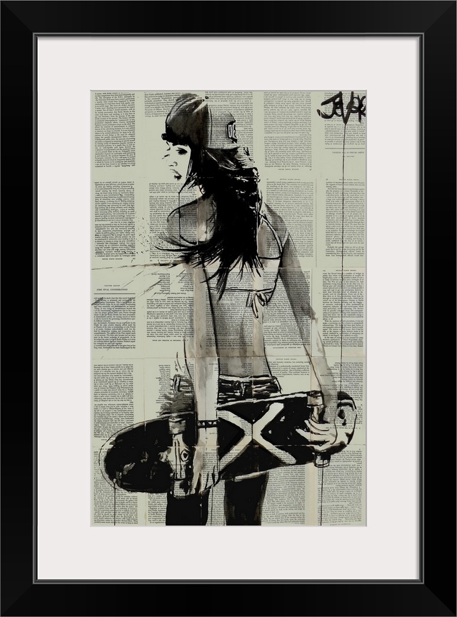 Contemporary urban artwork of a woman holding a skateboard behind her back against a background of tiled book pages.