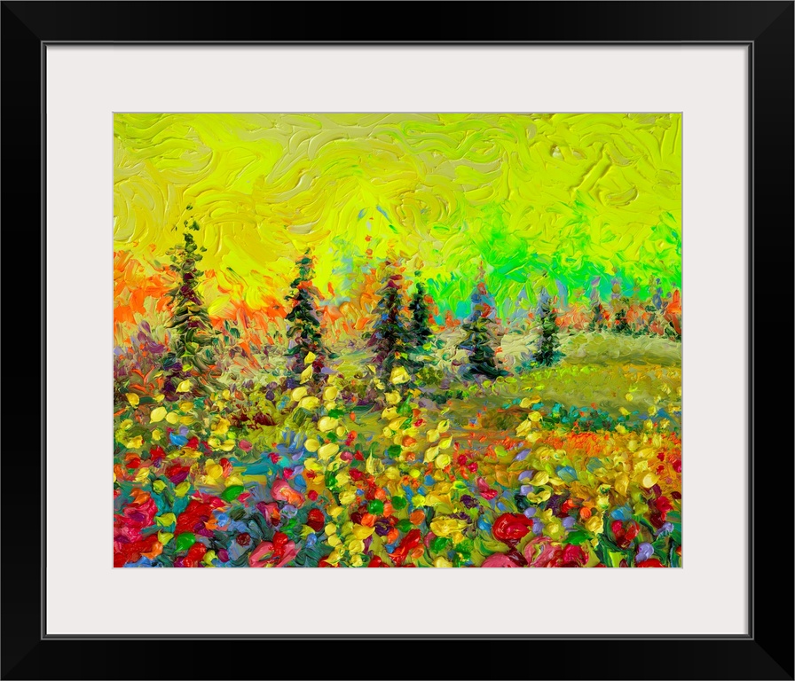 Brightly colored contemporary artwork of a landscape painting with trees.