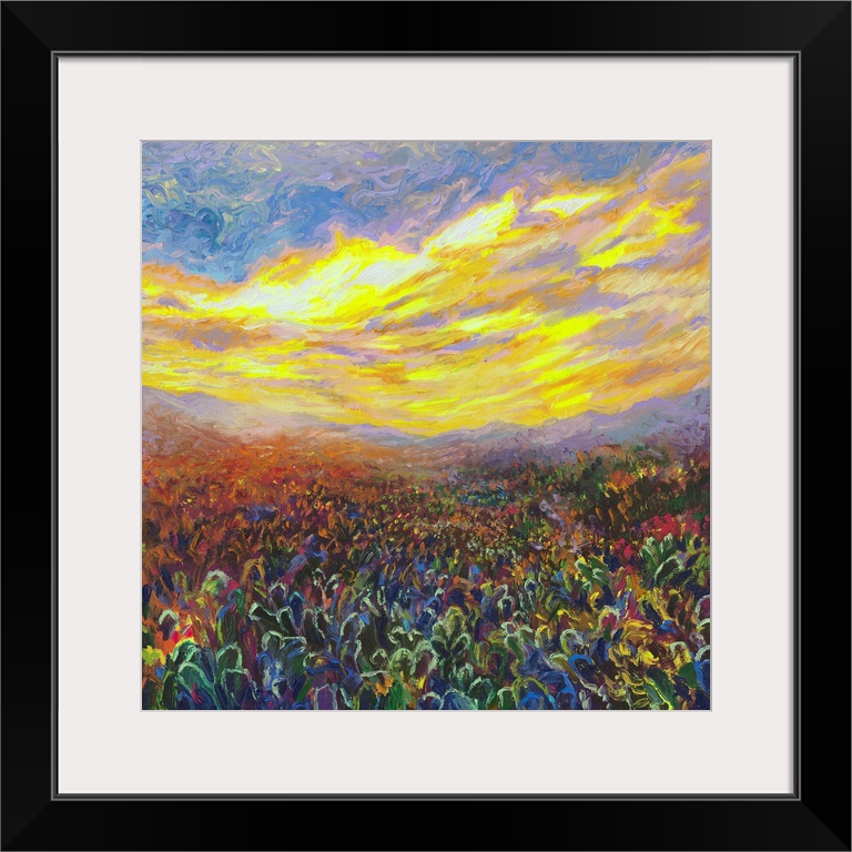 Brightly colored contemporary artwork of a field of cacti at sunrise.