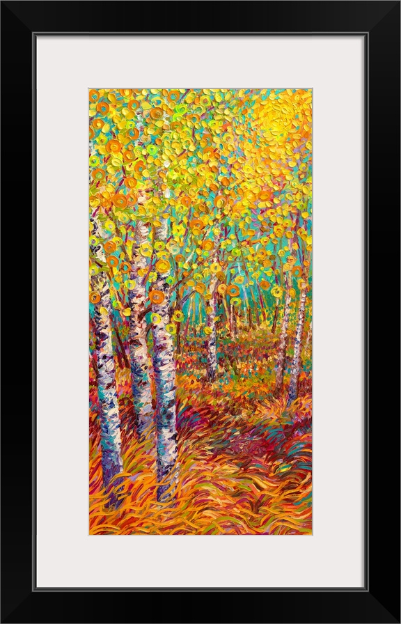 Brightly colored contemporary artwork of a landscape painting of trees.