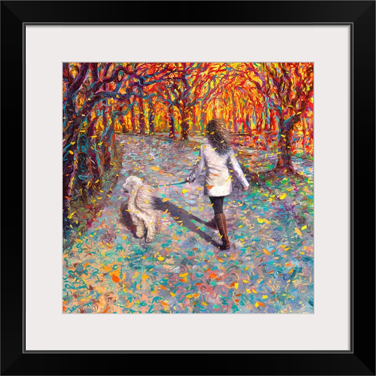 Brightly colored contemporary artwork of a woman walking a dog.