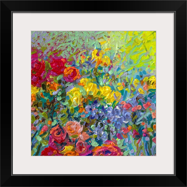 Brightly colored contemporary artwork of a field of flowers.