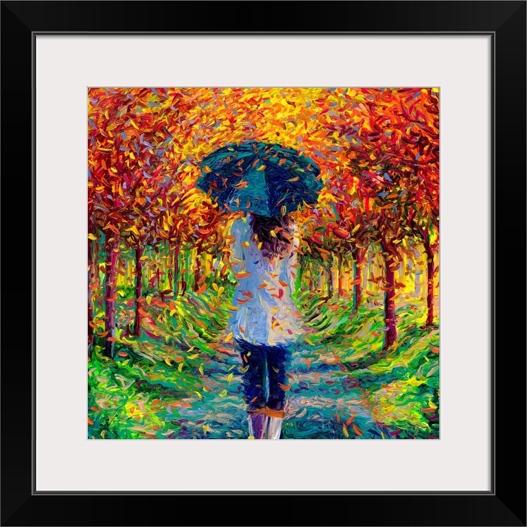 Brightly colored contemporary artwork of a woman walking through trees.