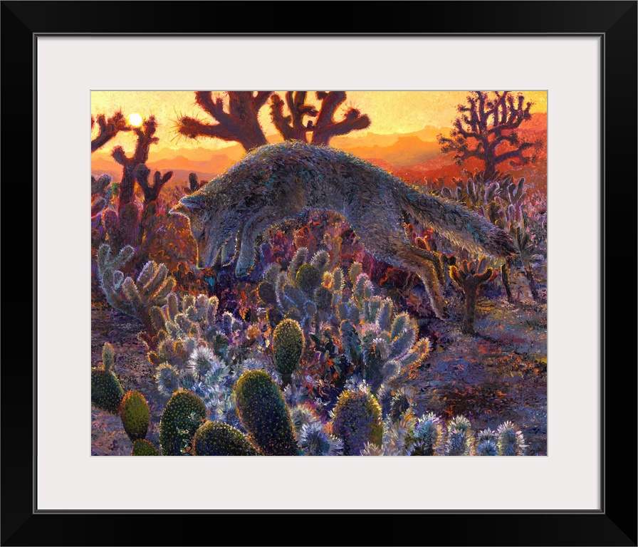 Brightly colored contemporary artwork of a fox pouncing in the desert.