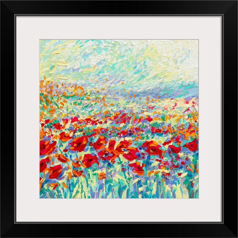 Brightly colored contemporary artwork of a field of red poppies.
