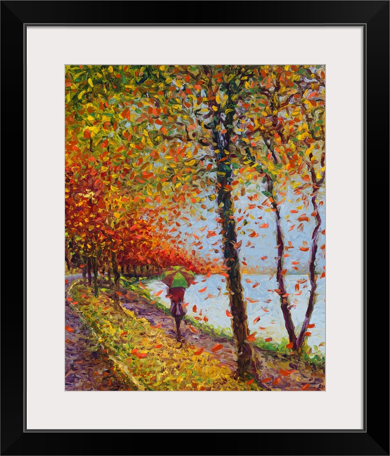 Brightly colored contemporary artwork of a woman walking alongside a lake.