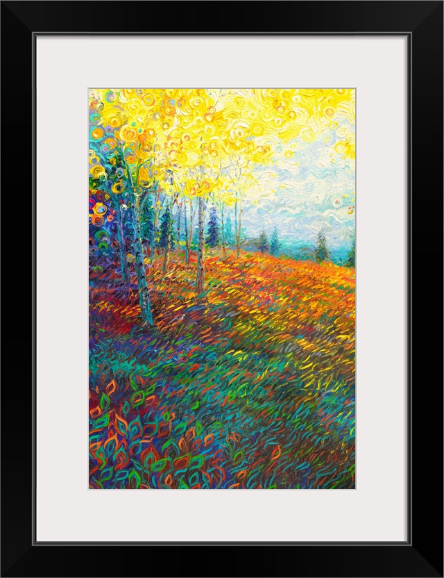 Brightly colored contemporary artwork of a landscape of trees in a field.