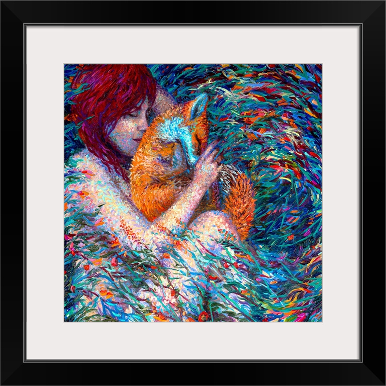 Brightly colored contemporary artwork of a woman holding a fox.