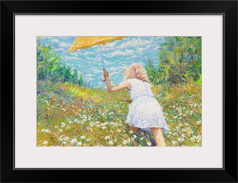 Brightly colored contemporary artwork of a woman in white in a field of flowers.