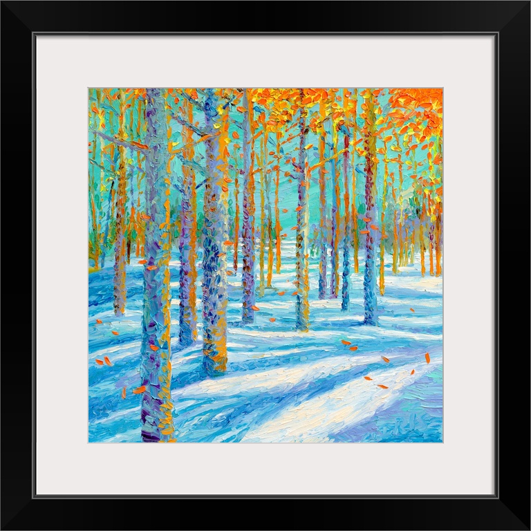 Brightly colored contemporary artwork of a landscape of trees in the snow.