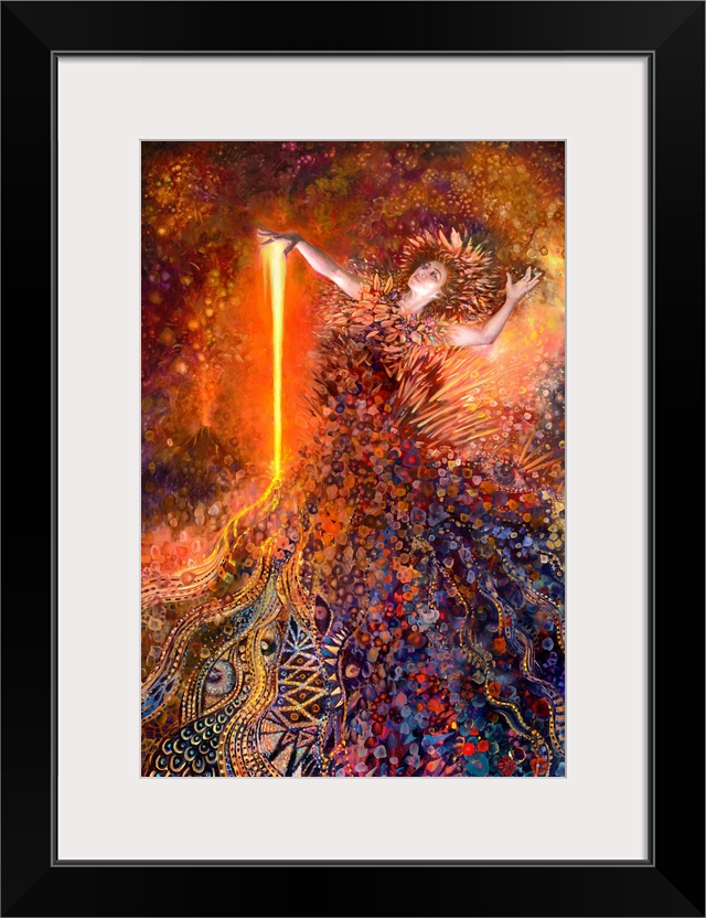 Brightly colored contemporary artwork of a goddess surrounded by fire.