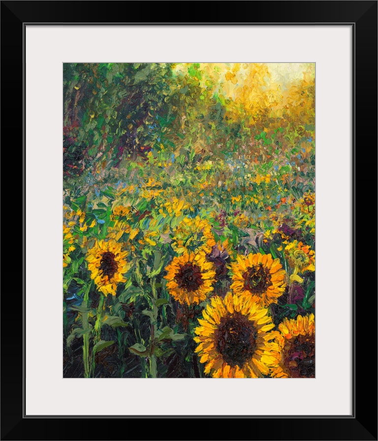 Brightly colored contemporary artwork of a field of sunflowers.