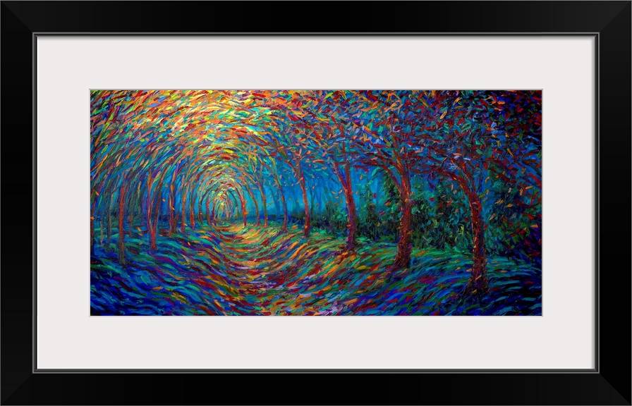 Brightly colored contemporary artwork of trees wrapped along a path.