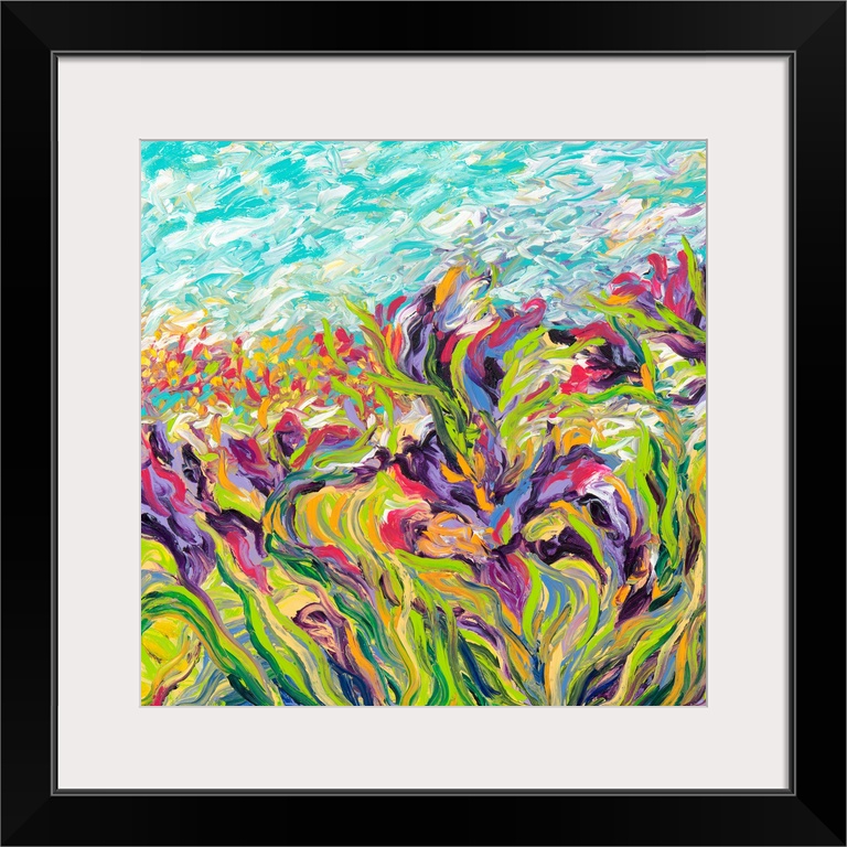 Brightly colored contemporary artwork of a field of purple irises.