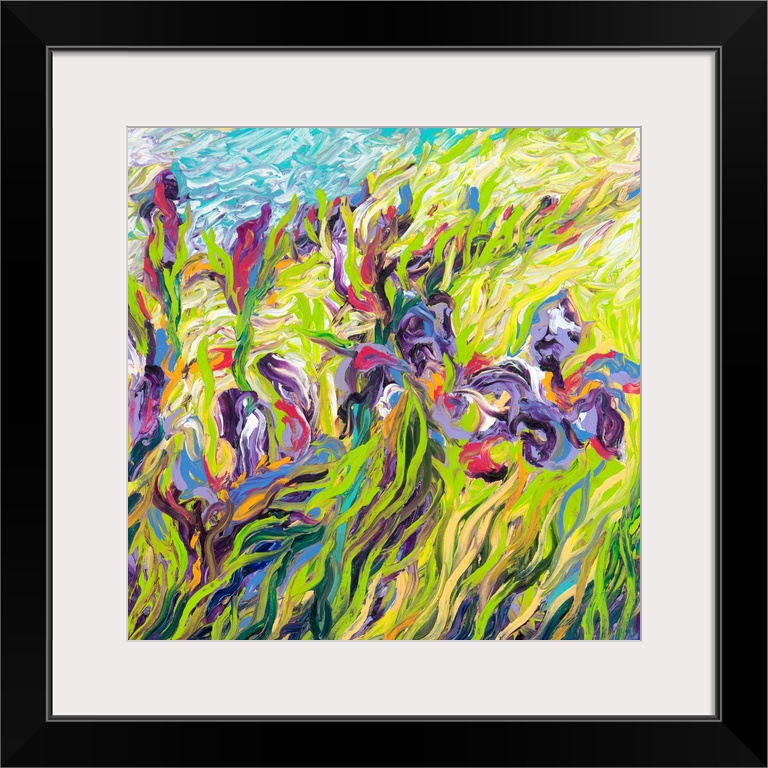 Brightly colored contemporary artwork of a field of purple irises.