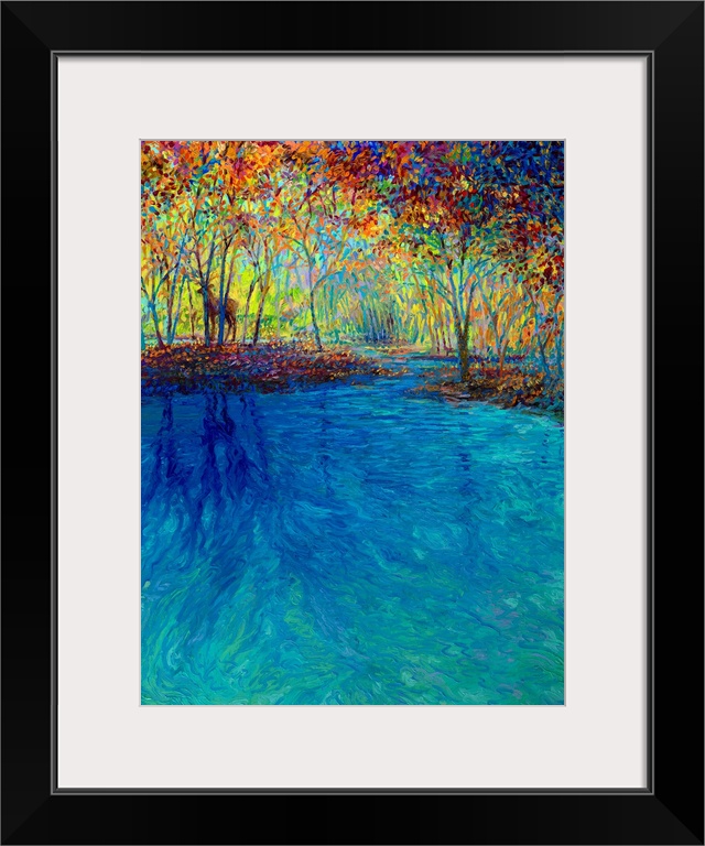 Brightly colored contemporary artwork of a deer alongside the water.