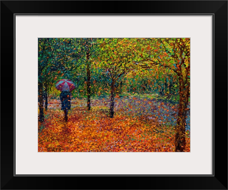 Brightly colored contemporary artwork of a woman taking a walk in the fall.