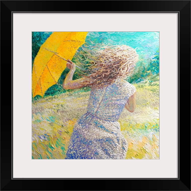 Brightly colored contemporary artwork of a woman in a windy field.