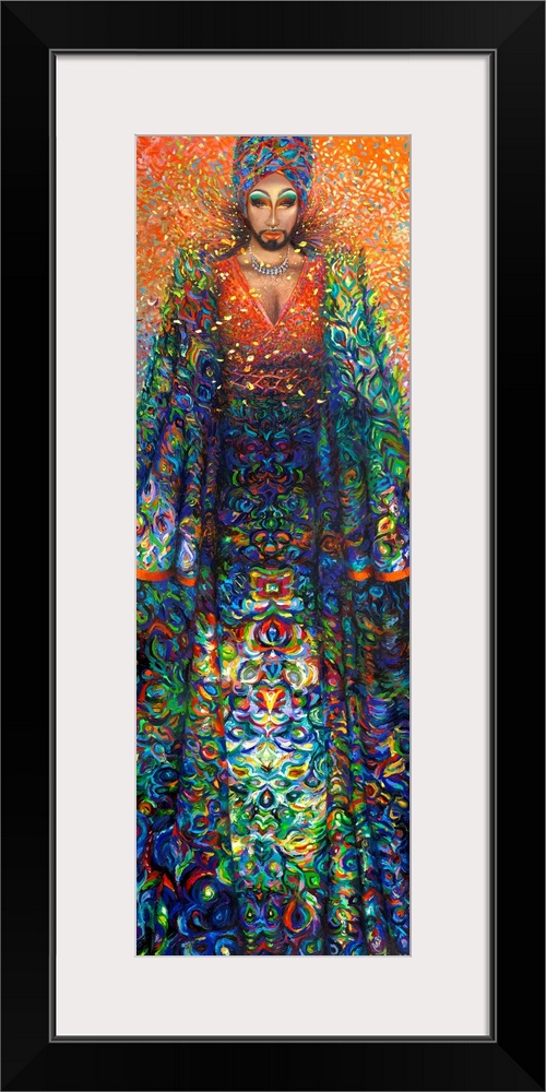 Brightly colored contemporary artwork of Manghoe Lassi in colorful robes.