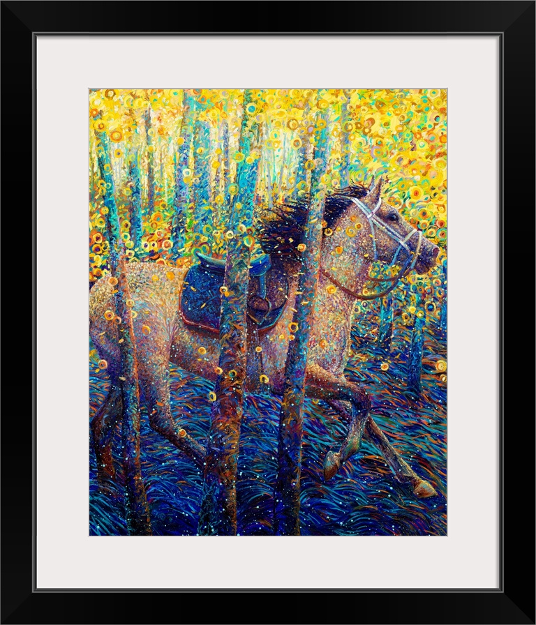 Brightly colored contemporary artwork of a horse running through the woods.