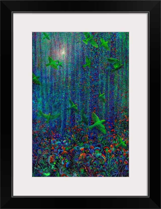 Brightly colored contemporary artwork of birds flying through a colorful forest.