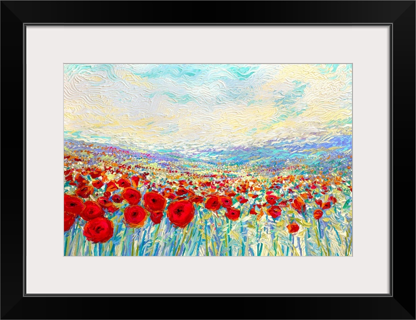 Brightly colored contemporary artwork of a painting of a field of red poppies.