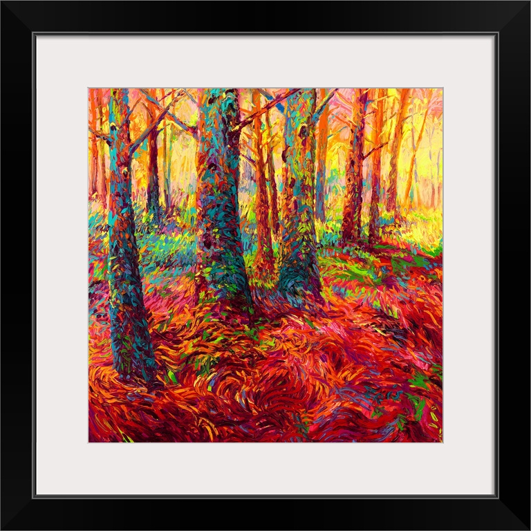 Brightly colored contemporary artwork of a forest of redwoods in red.