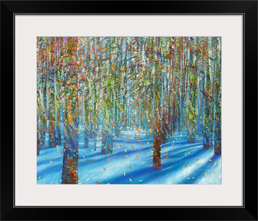 Brightly colored contemporary artwork of leaves falling from trees in the snow.