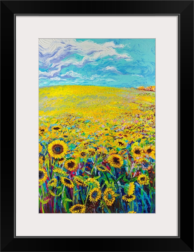 Brightly colored triptych of a sunflower field. Panel 1 of 3.