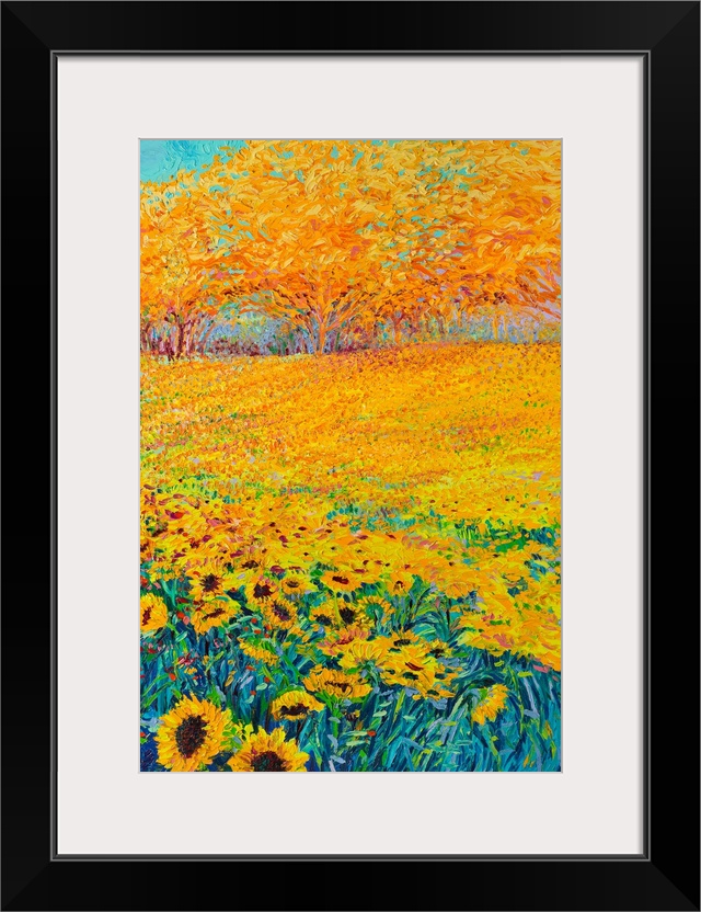 Brightly colored triptych of a sunflower field. Panel 3 of 3.