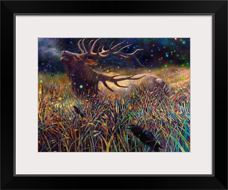 Brightly colored contemporary artwork of a stag in a field with black birds.