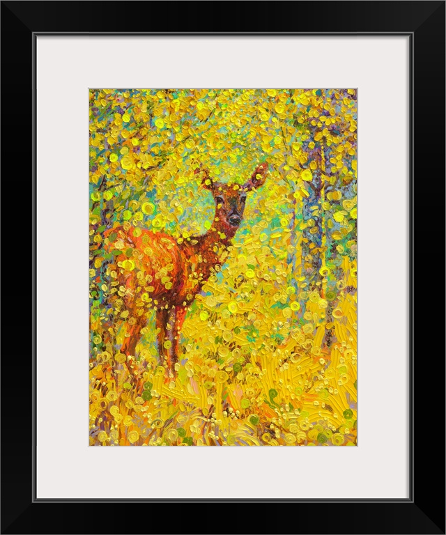 Brightly colored contemporary artwork of a deer in yellow trees.