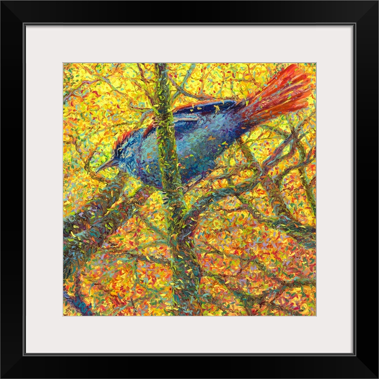 Brightly colored contemporary artwork of a bluebird in a tree full of yellow leaves.