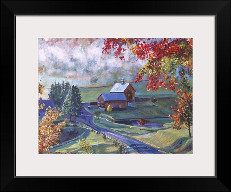 Landscape painting of a red barn in the countryside.