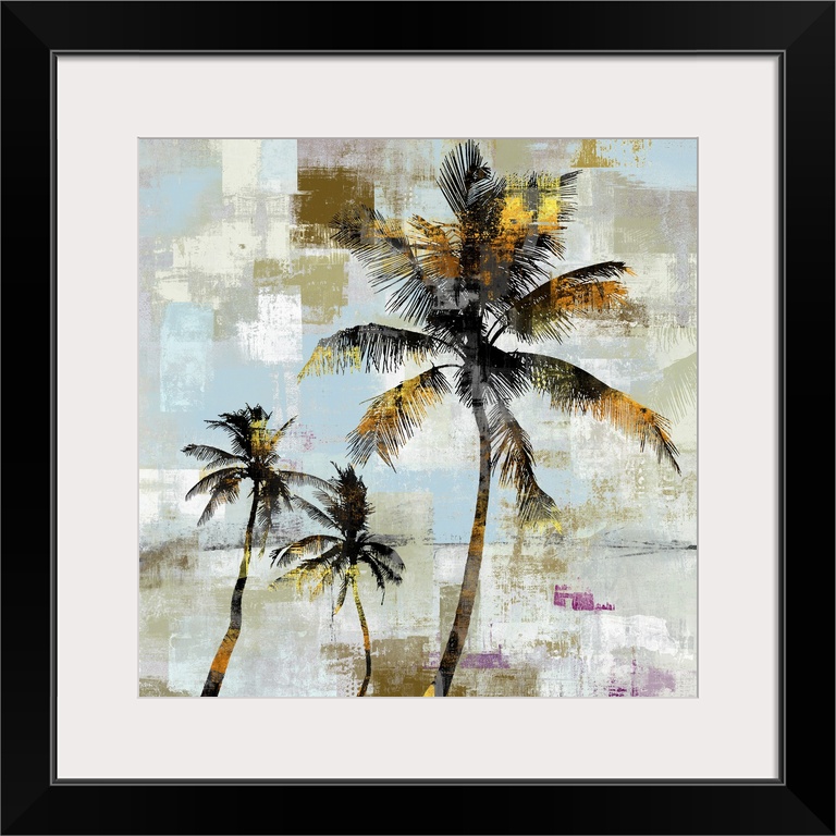 Artistic artwork of a group of black palm trees with gold accents and a background of varies colored patches.