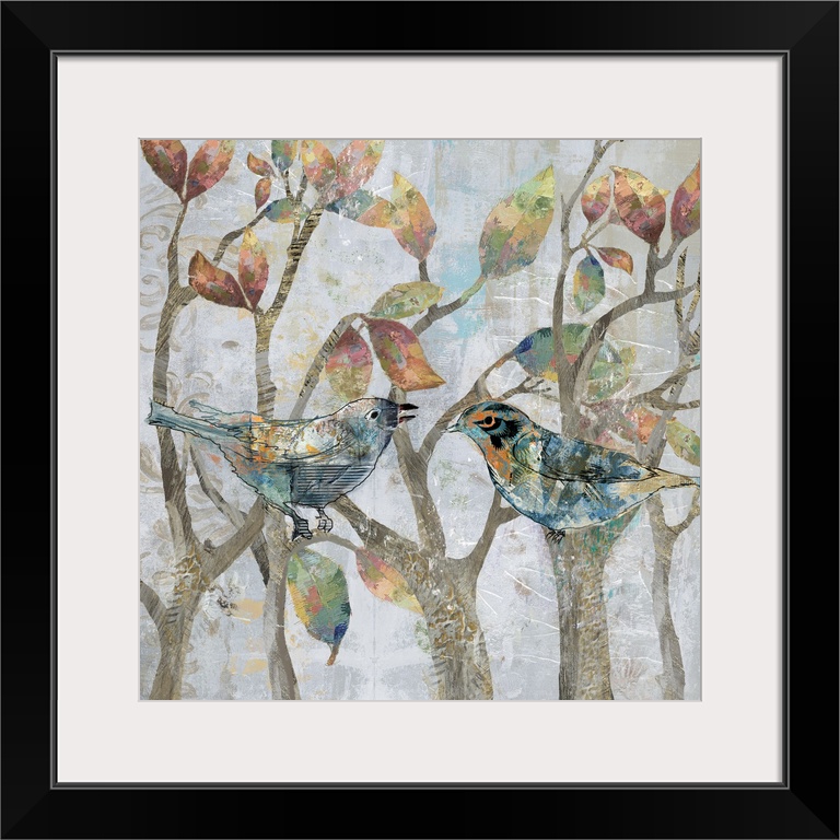 A mixed media painting of two birds perched on tree limbs with hints of gold accents.