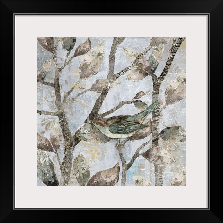 A mixed media painting of a bird perched on tree limbs with hints of gold accents.