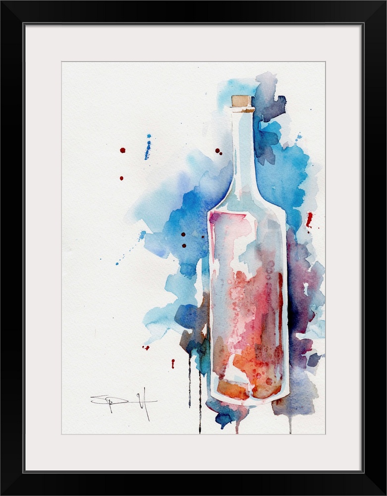 Watercolor painting of a tall glass bottle.