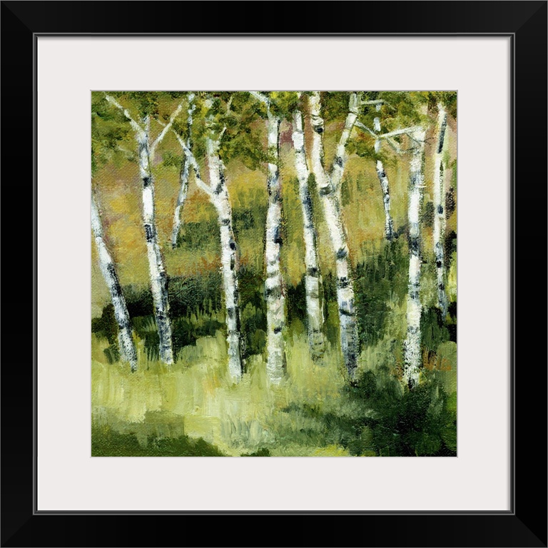 Contemporary painting of thin white birch trees in a green grassy clearing.